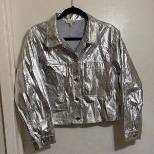 Metallic Silver Jacket - Women’s Shiny Button-Front Coat